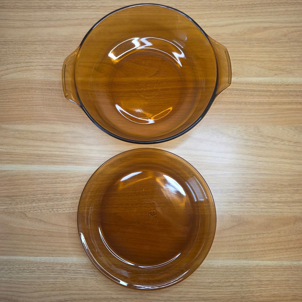 Anchor Hocking Amber Glass Bakeware Set 2Qt Casserole 9in Pie Plate Vintage